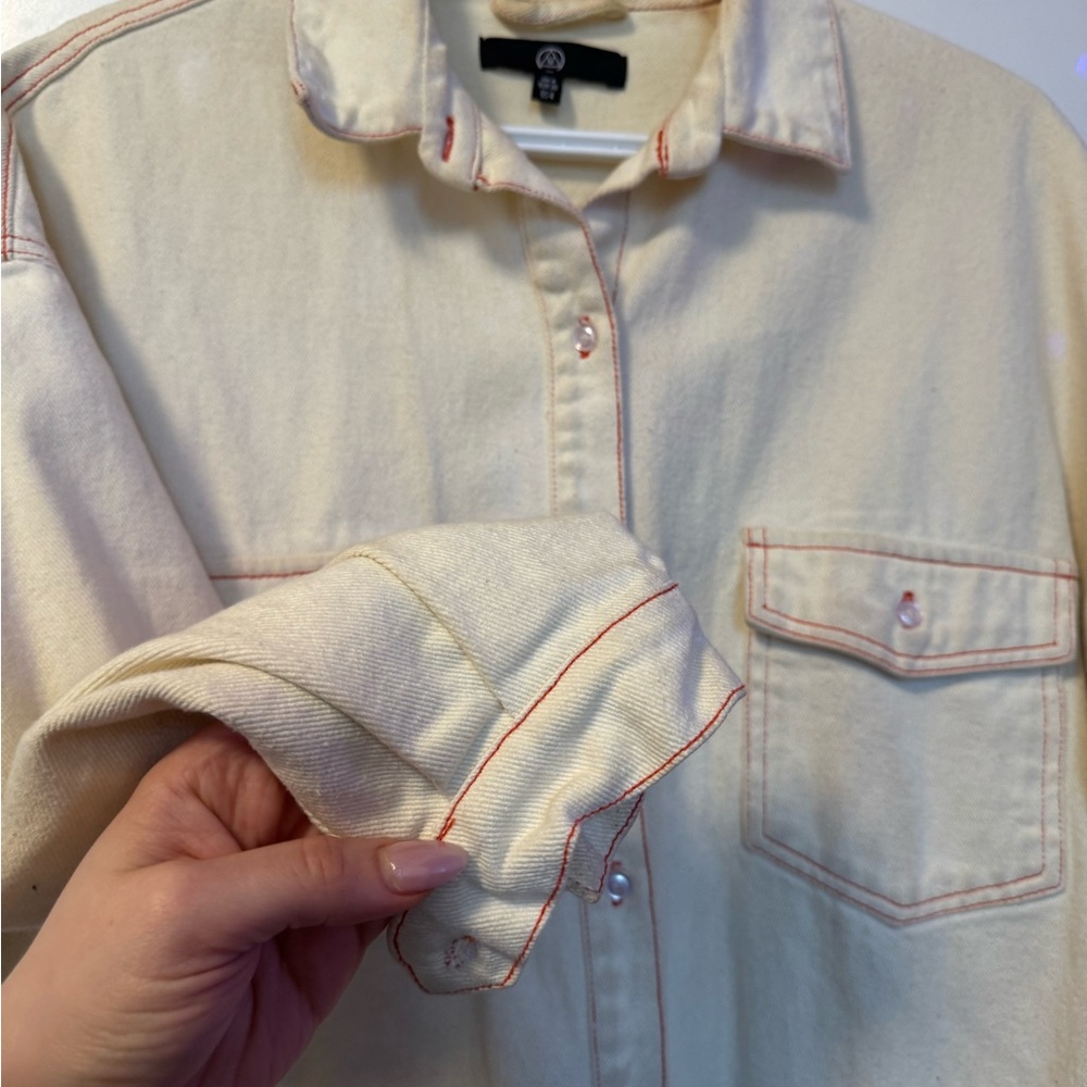 Cream Denim Shirt with Red Stitching